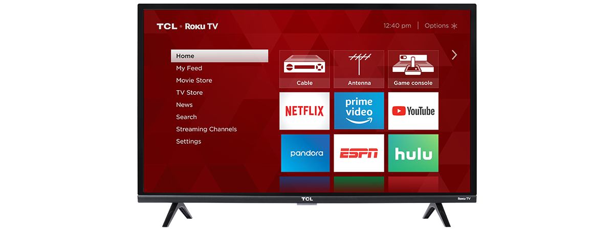 TCL Display Facing Forward Showing the Roku TV Home Screen