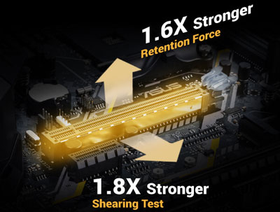 ASUS TUF B450M-PLUS GAMING Motherboard's SafeSlot with Text and Graphics Indicating: 1.6X Stronger Retention Force and 1.8X Stronger Shearing Test