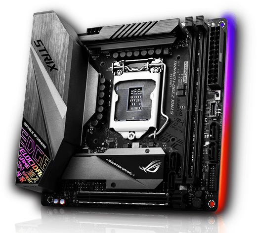 Front right side angle view of the ASUS ROG Strix Z390-I Gaming motherboard, with edge RGB LED lit on   
