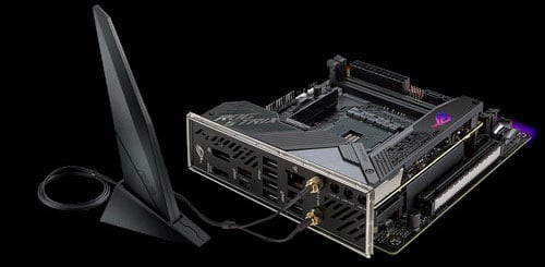  Top rear angle view of the Asus ROG Strix X570-I Gaming motherboard, with Wi-Fi antenna connected  
