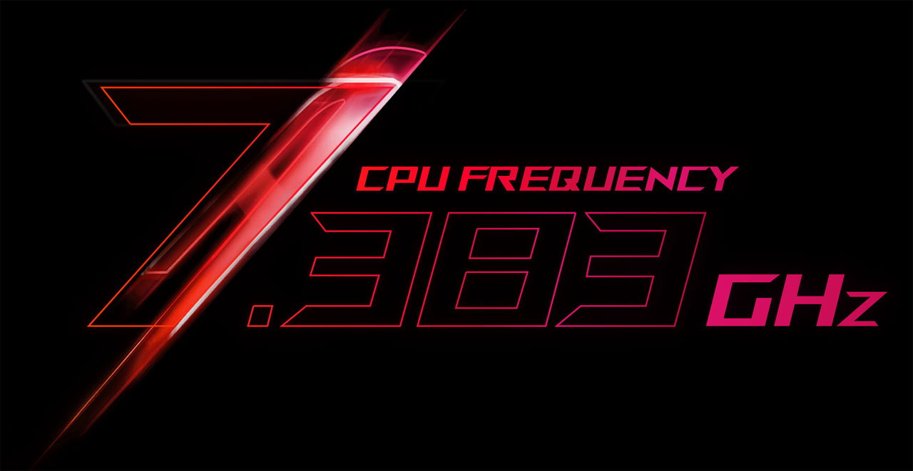  Stylized texts reading as “CPU frequency 7.383 GHz”  