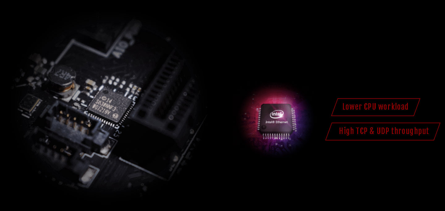  At the left is detail view of the Ethernet control chip. At the right is top view of an Intel Ethernet chip, with texts reading as “Lower CPU workload” and “high TCP & UDP throughput”  