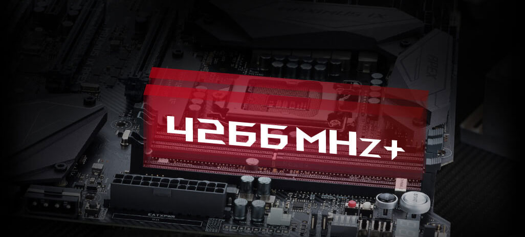  Closeup of the DIMM slots with texts floating above them reading as “4266MHz+”  