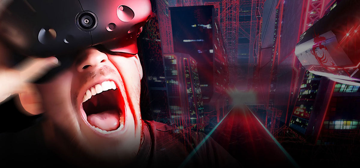 A man thoroughly enjoying VR with a headset on