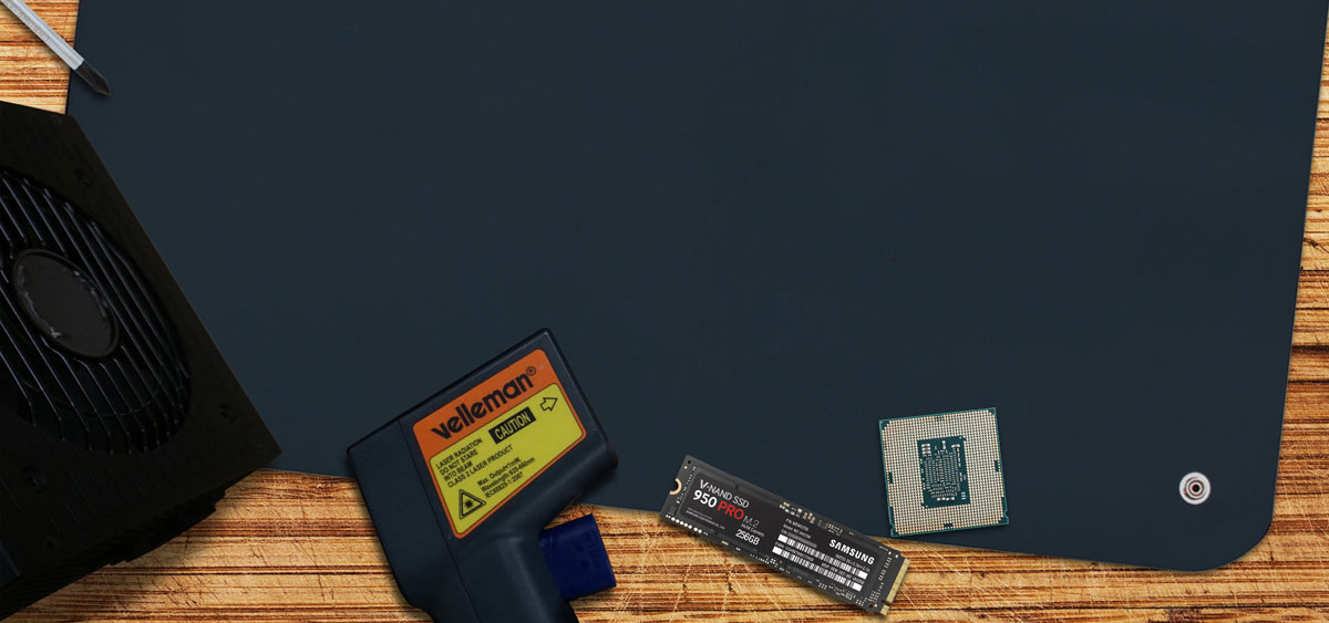 A workstation with a pad, PSU, vellemon-branded tool, Samsung M.2 SSD and CPU