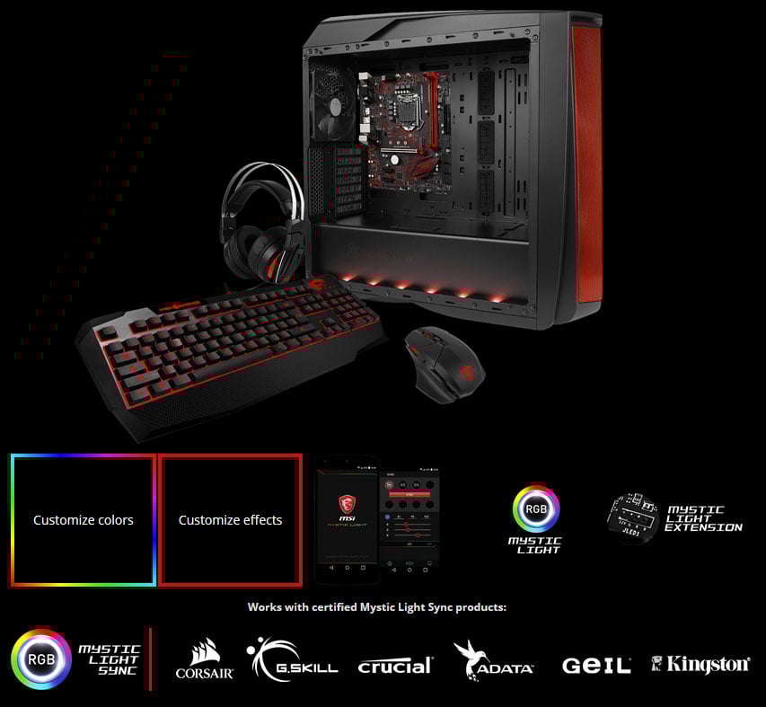 MSI B360M GAMING PLUS Motherboard Installed in a Case That's Angled to the Right Next to a Keyboard, Headset and Mouse. Below These products are various logos and text including: Customize colors, customize effects, Mystic Light Sync, Mystic Light Extension, Corsair, G.Skill, Crucial, ADATA, GeIL and Kingston