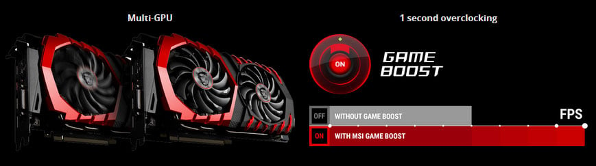 Two MSI Graphics Cards, GAME BOOST 1 second overclocking, providing more FPS