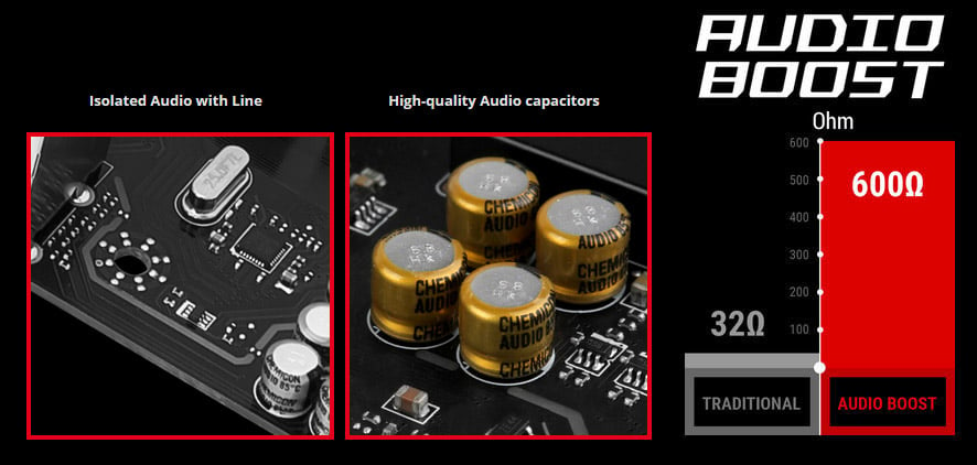 AUDIO BOOST Logo Next to Images of Isolated Audio with Line, High-Quality Audio Capacitors and 600 Ohms versus 32 Ohms