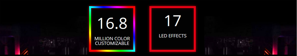 Graphic Boxes with Text That Read: 16.8 MILLION COLOR CUSTOMIZABLE and 17 LED EFFECTS