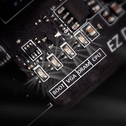 Closeup of the MSI PRO Z370 Motherboard's BOOT, VGA, DRAM and CPU Debug LEDs