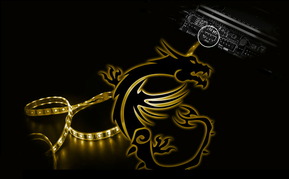 Yellow LED Light Strip, Yellow Glowing MSI Dragon and RGB Light Header on the MSI PRO Z370 Motherboard