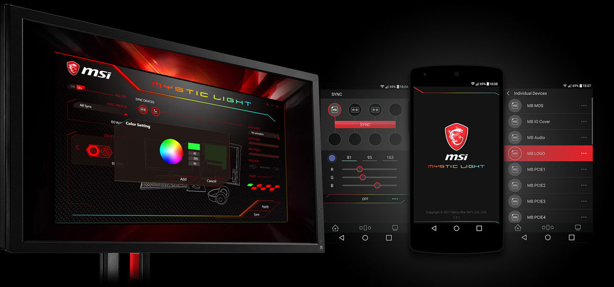 Computer Monitor Showing MSI Mystic Light Software, Next to It Is a Smartphone with the MSI Mystic Light Logo on Screen Along with the MSI Mystic Light App Screens to the Left and Right of the Smartphone