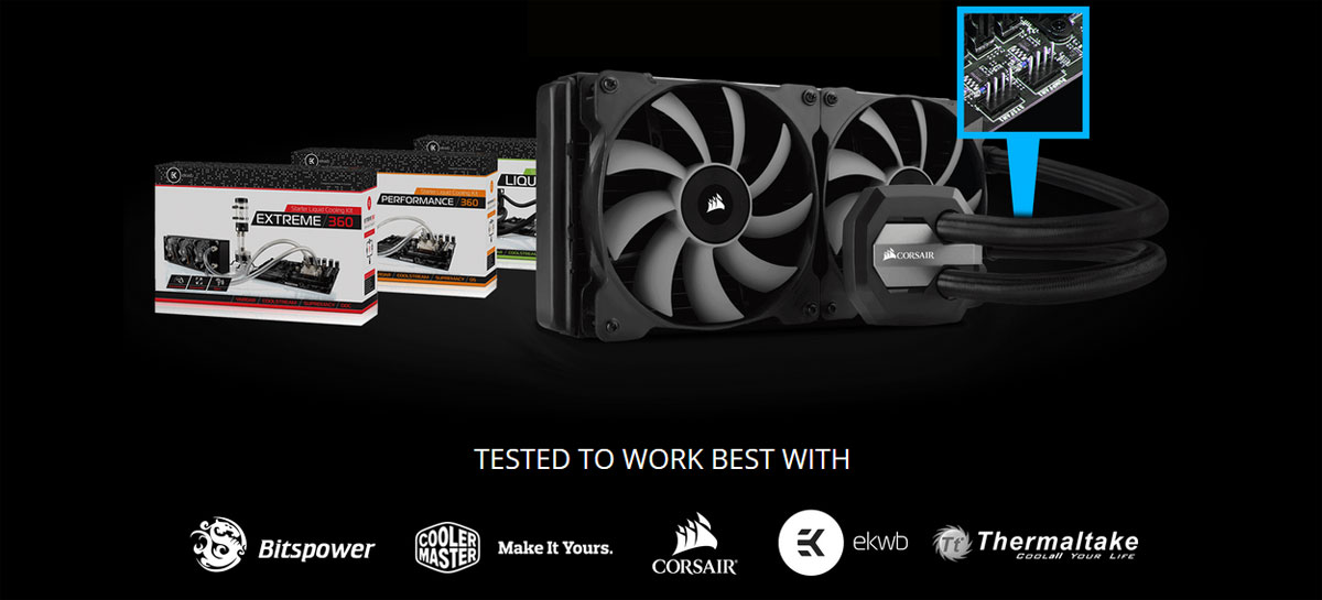Water Cooling Radiator Next to Three Product Boxes, Along with Text That Reads TEST TO WORK BEST WITH and below are the logos for: Bitspower, Cooler Mater Make it Yours., Corsair, ekwb and Thermaltake