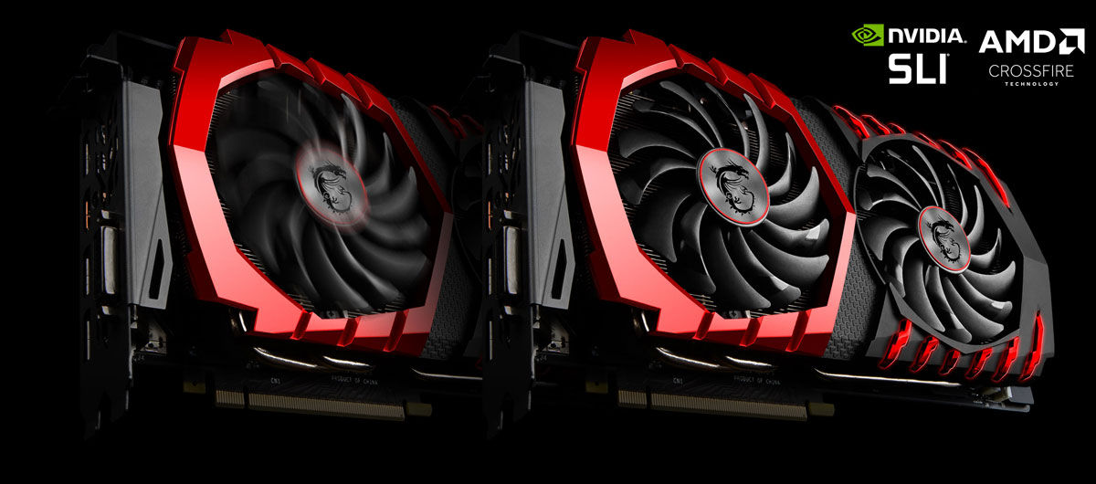 MSI Branded Graphics Cards, One Behind the Other and the One Behind with a Spinning Fan. The NVIDIA SLI and AMD CROSSFIRE Logos