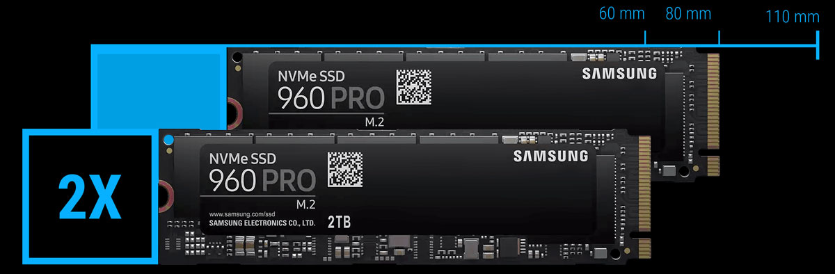 Two Samsung NVMe 960 PRO SSDs Facing Forward