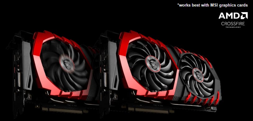 Two MSI Graphics Card, One Behind the Other, Both Angled to the Right, the Back Graphics Card Has Its Fans Spinning, to the Top Right of This Image is the AMD CROSSFIRE TECHNOLOGY Logo and Text That Reads: *Works best with MSI graphics cards