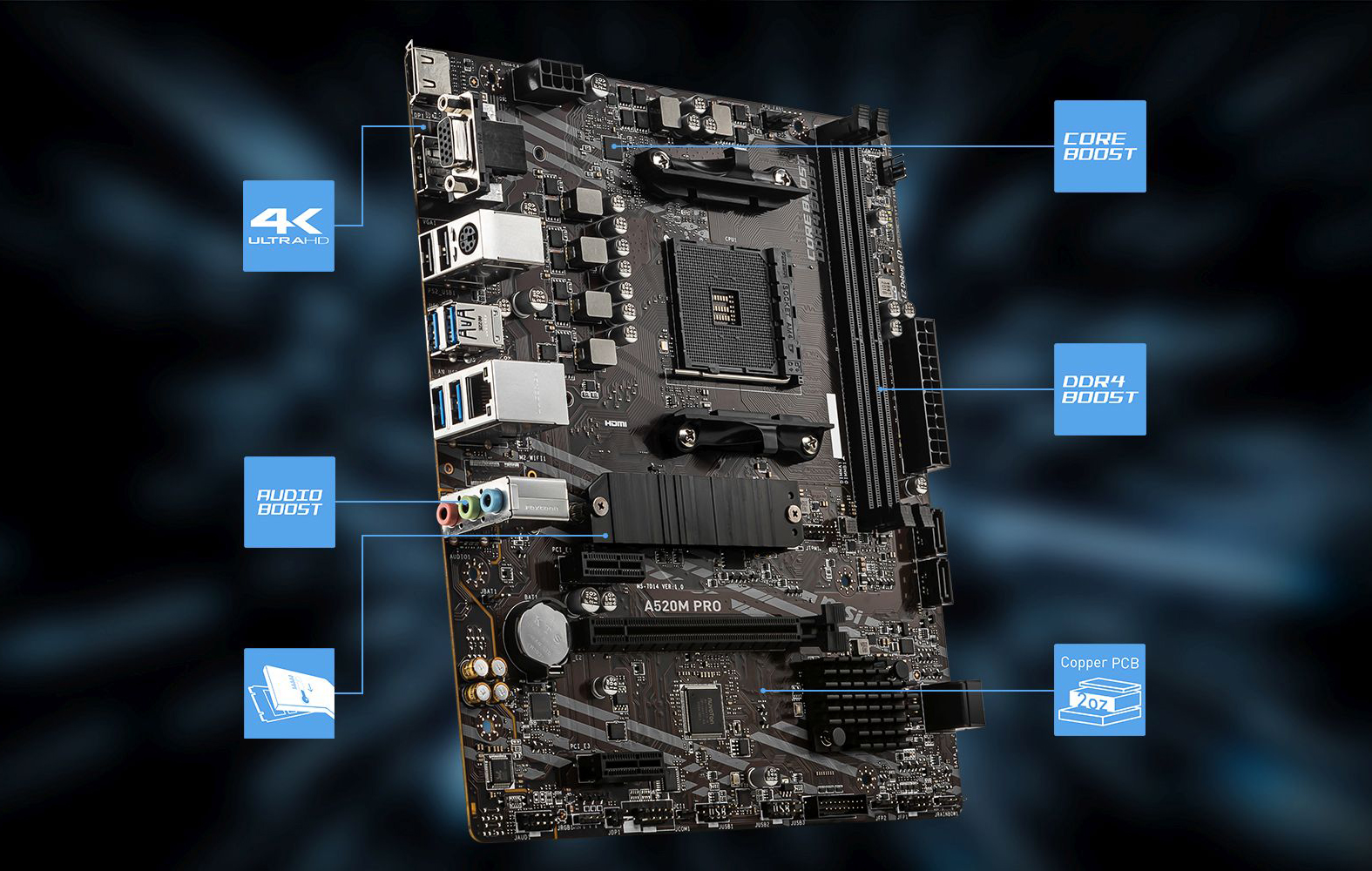 thumbnail image 2 of MSI A520M-A PRO AM4 Motherboard - Ryzen Ready, DDR4 Boost, USB3.2, M.2, Micro-ATX 2 of 4