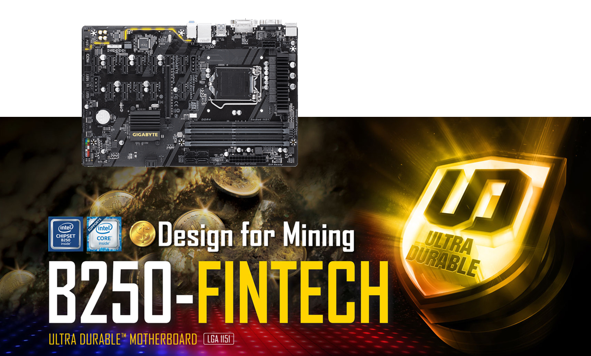 A banner for Ultra Durable badge and the GIGABYTE GA-B250-FinTech (rev. 1.0) motherboard with Intel Chipset and Core icons and motherboard name displayed