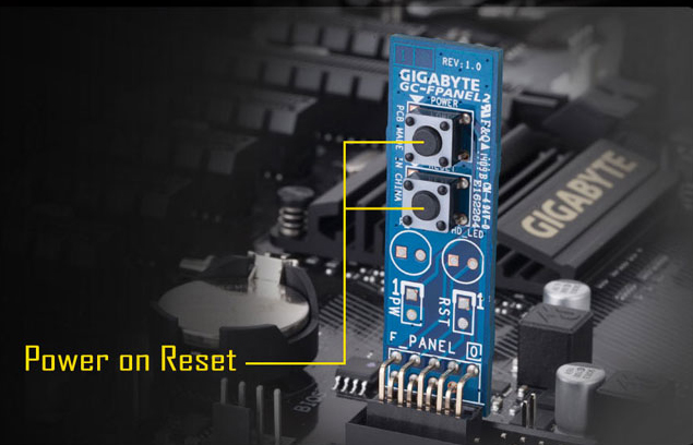 Power on and Reset buttons are marked out on a module plugged into the motherboard.