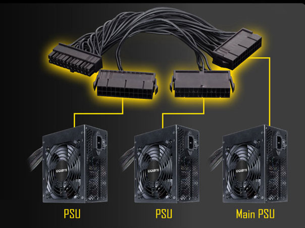 3-in-1 power adapter connects to three power supplies.