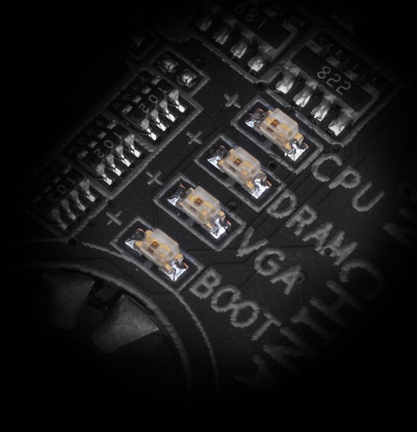 A close-up views of diagnostic LEDs for CPU, DRAM, VGA and Boot.