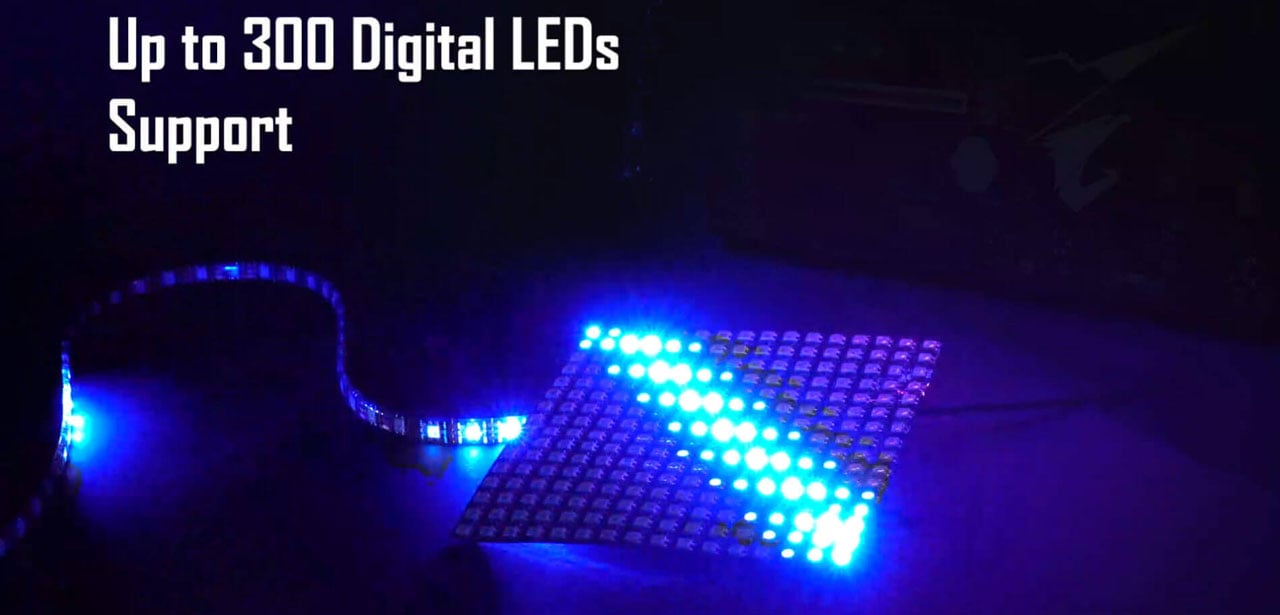   An LED strip and an LED panel, with texts above reading as “up to 300 digital LEDs support” 