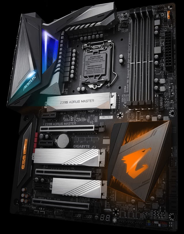 AORUS Z390 Motherboard Standing Up, Angled to the Left