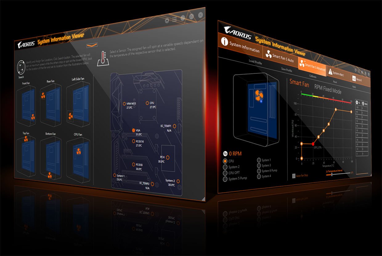 AORUS System Information Viewer Software Windows Facing Forward, Angled Away from Each Other