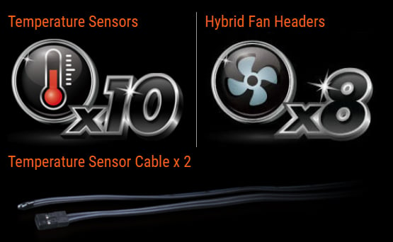 Temperature Sensors Logo and Hybrid Fan Headers Logo along with an image of the temperature-sensor cable