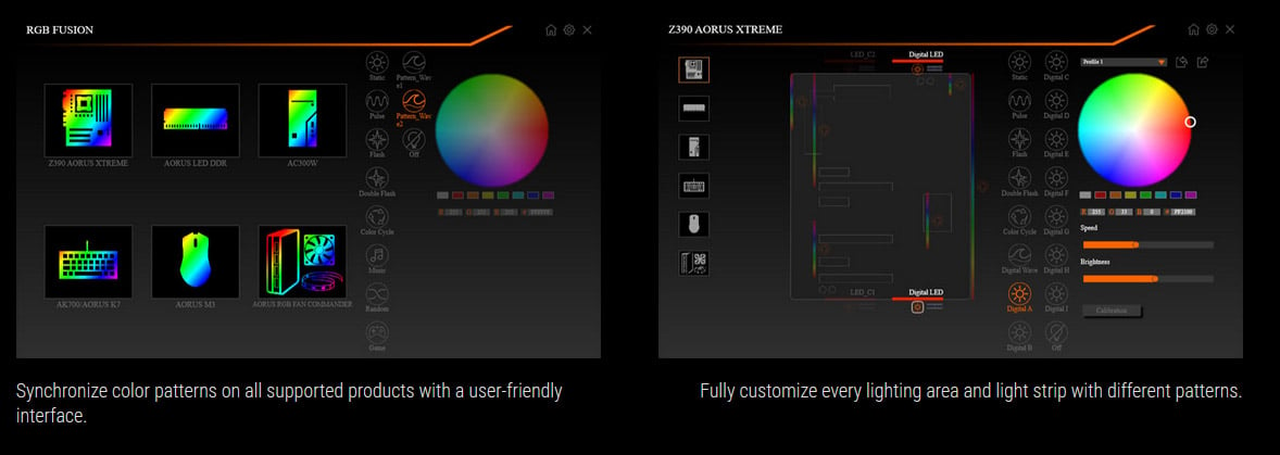 Graphical UI interface showing a color wheel that can be used to customize product lighting