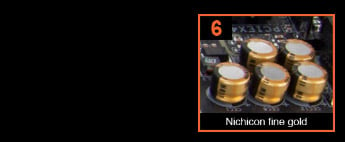 Closeup of the Nichicon fine gold capacitors
