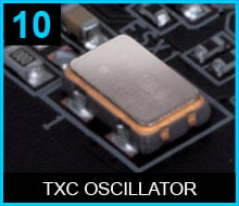 Closeup of the motherboard's TXC oscillator
