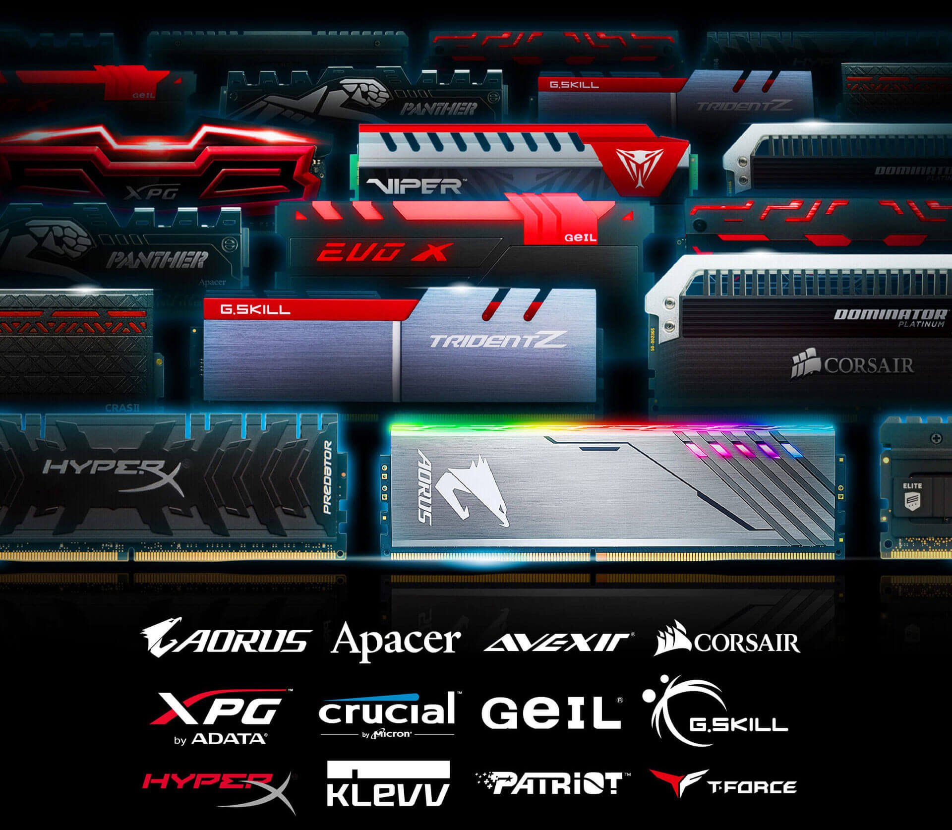 A variety of memory sticks from many brands as well as Logos for AORUS, Apacer, Avexir, Corsair, XPG by ADATA, Crucial, Geil, G.Skill, HyperX, KLEVV, Patriot and T-Force