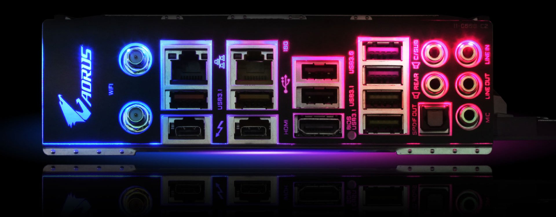 Closeup of the ports on the back of the motherboard, lit up in RGB