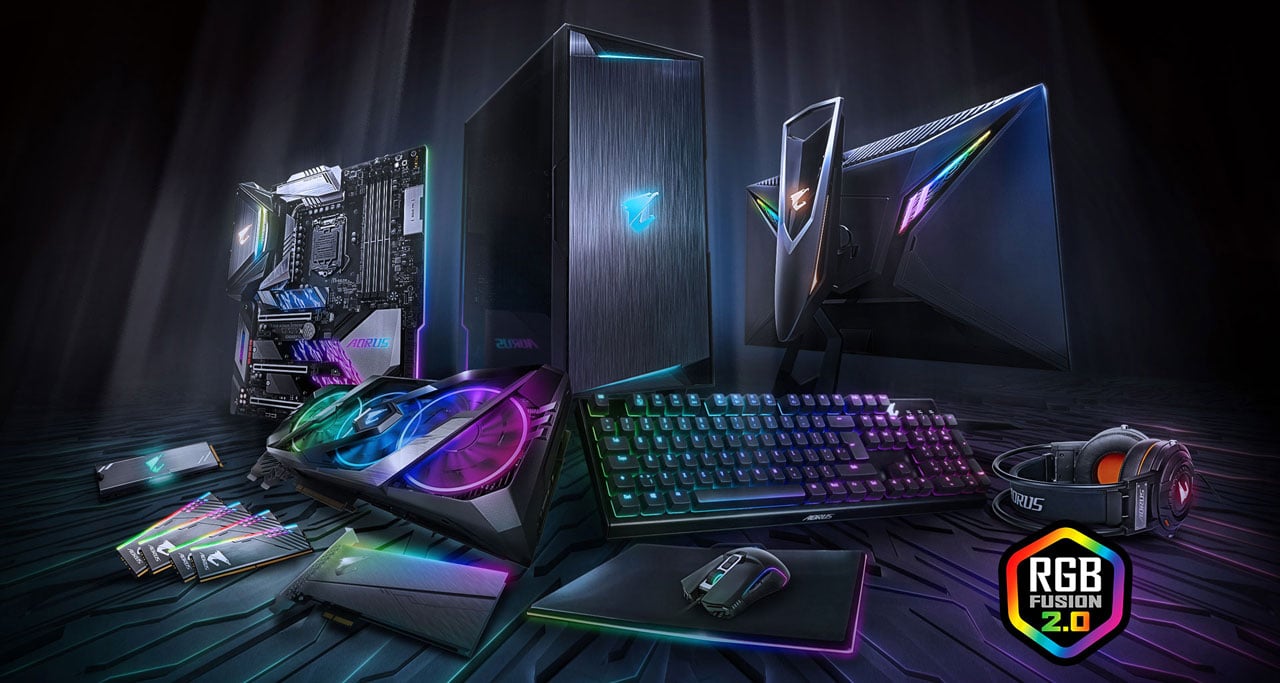   A variety of RGB gaming gears, including motherboard, case, monitor, memory, graphic card, sound card, keyboard, mouse, laptop computer, headset, and M.2 SSD 