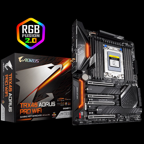TRX40 AORUS PRO WIFI Motherboard Next to Its Product Box and the RGB FUSION 2.0 Badge