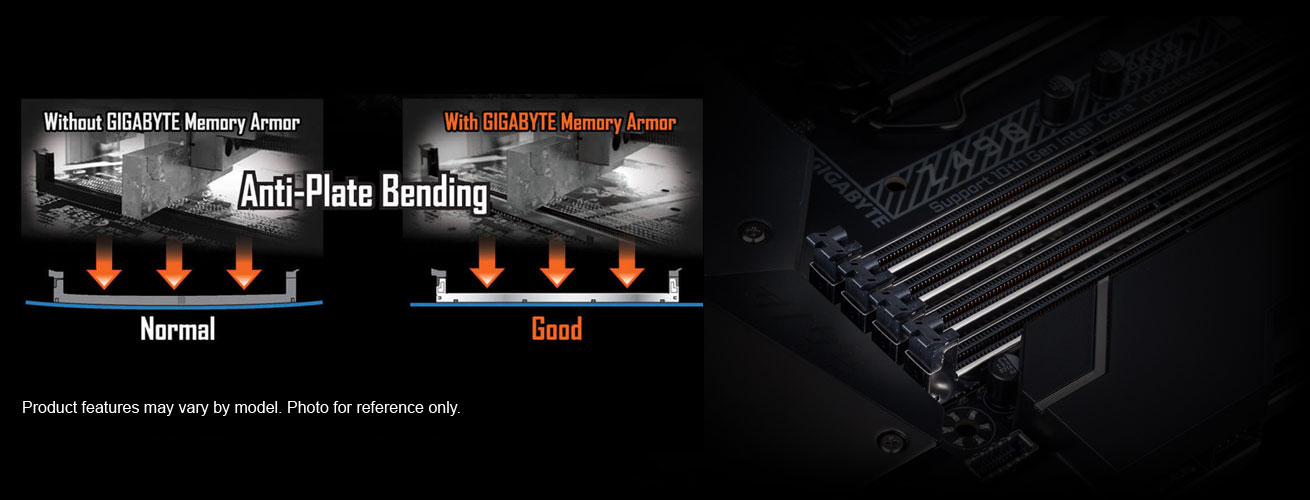 one image splited into two, showing different between with gigabyte memory armor and without