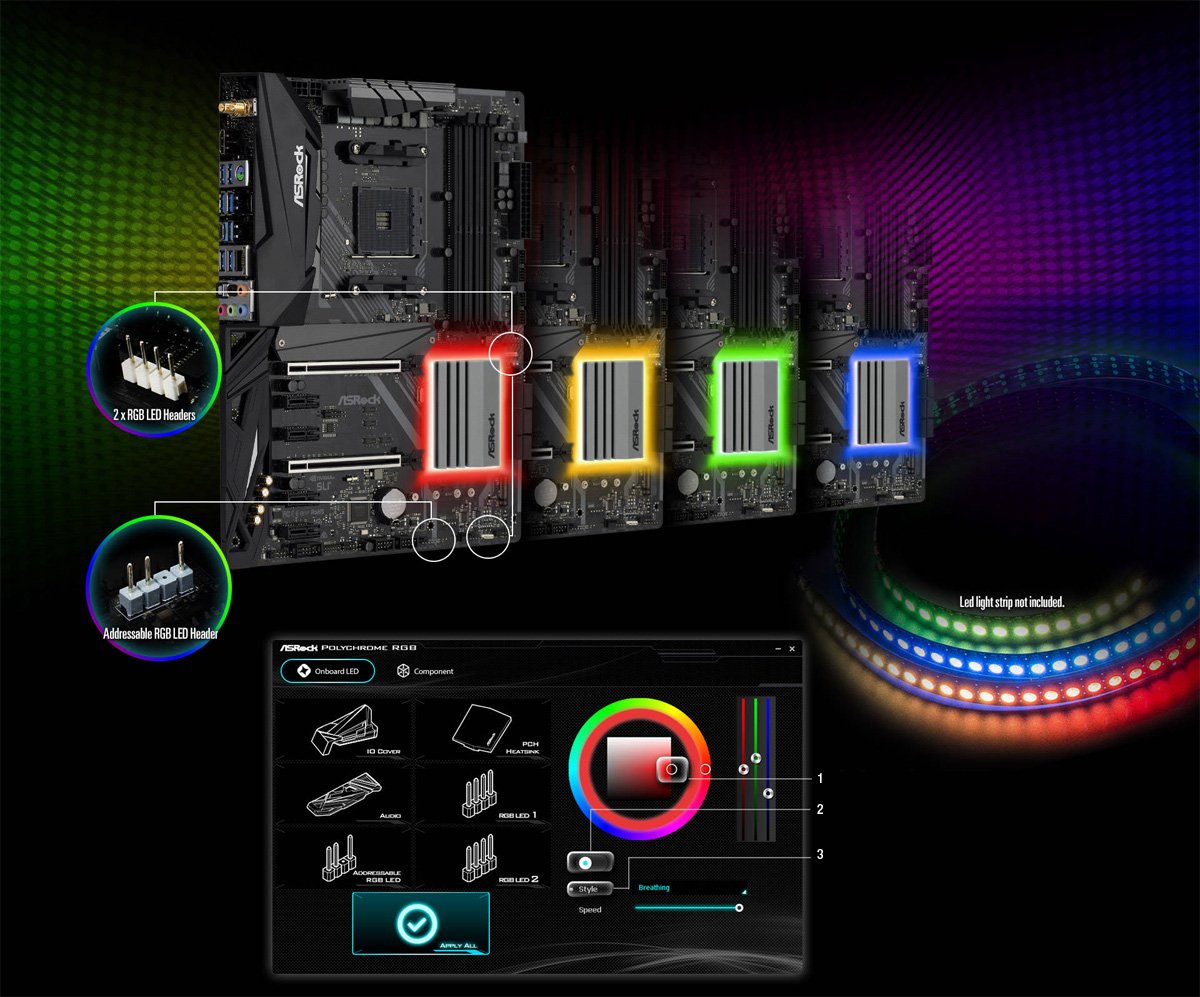 ASRock X470 Motherboard with Red, Yellow, Green and Blue Lighting Effects and Hot Spots Showing 2x RGB LED Headers, Adressable RGB LED Header and ASRock Polychrome RGB Customization Software Window