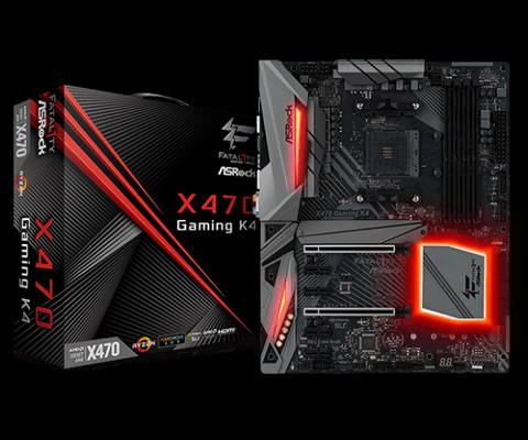 ASRock X470 Motherboard Standing Up Next to Its Product Box