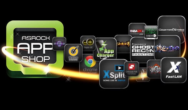 ASRock app shop logo along with app logos for games, features, software and browsers