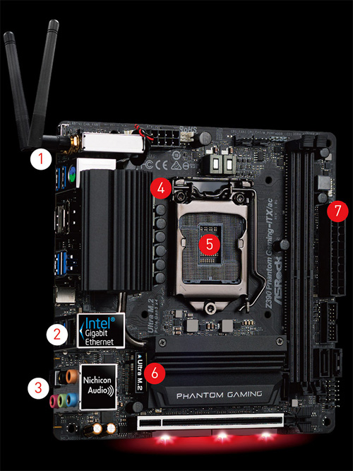 ASRock Z390 Motherboard Standing Up, Angled to the Right with 7 Points of Interest