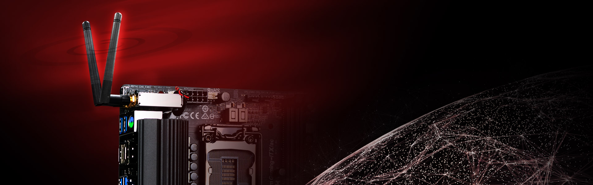 Top Left Corner of the ASRock z390 Motherboard with Two Wireless Antennas Plugged In