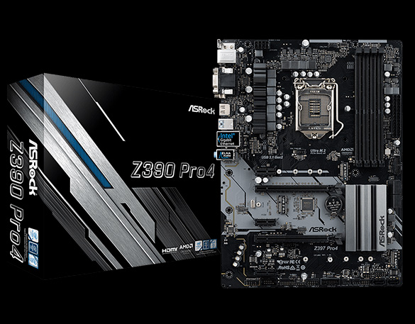 ASRock Z390 Pro4 Motherboard Standing Up, Facing Forward, Next to Its Product Box That's Angled to the Right