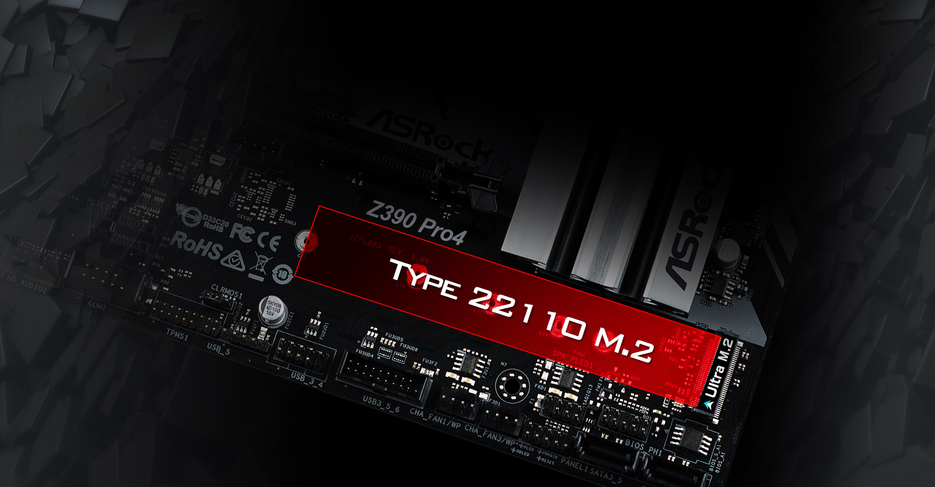 Red Highlight Graphic Showing the Type 22110 M.2 SSD Area on the ASRock Z390 Motherboard