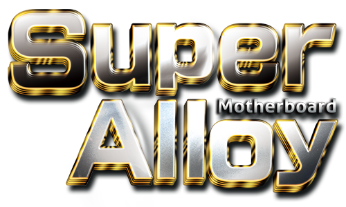 Graphic of a sheet metal background with stylized text in front that reads: Super Alloy Motherboard