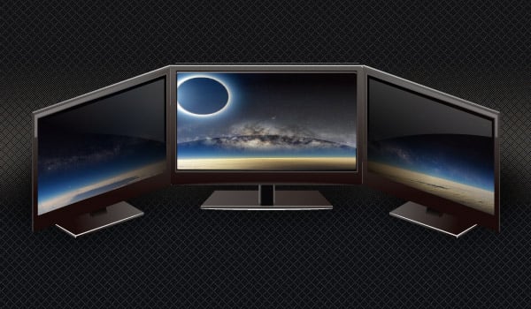 Three Monitors chained together showing a panoramic image of a planet's horizon and an Eclipsed sun in space