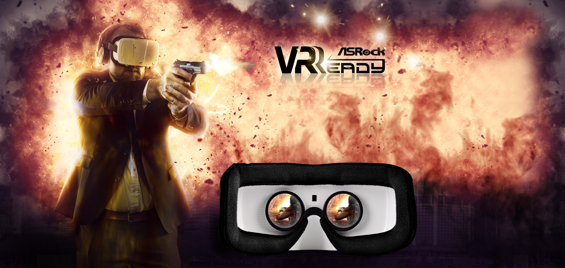 A man in a business suit, wearing a VR headset pointing a handgun forward in front of an explosion