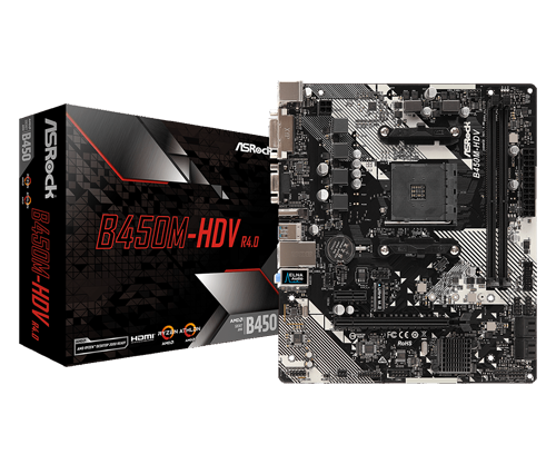 ASRock B450M-HDV R4.0 Motherboard next to its product box