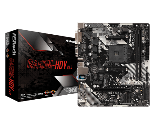 ASRock B450M-HDV R4.0 Motherboard next to its product box