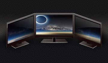 Triple Monitor setup sharing an image of a planet's atmosphere, an eclipsed sun and space